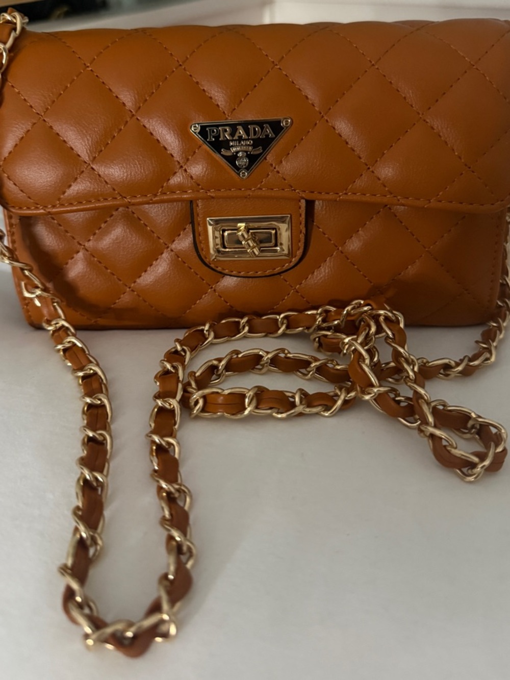 Prada Quilted Leather Chain Crossbody Bag in Cognac Brown